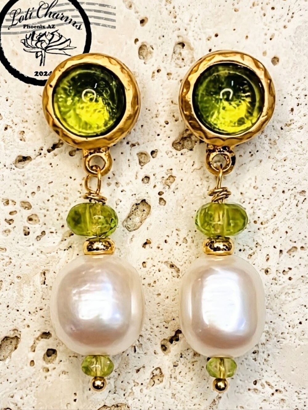 Natural Peridot 4 Carats & White Barqoue Pearls In Hammered Gold Plated Earrings